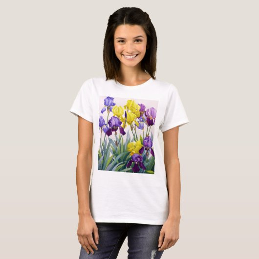 Geel en Paars Irises T-shirt (Voorkant volledig)