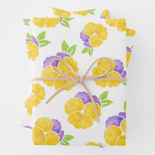 Geel en Paars Waterverf Pansy Patroon Inpakpapier Vel (In situ)