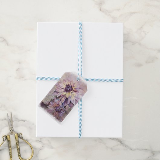 GEEL EN PAARSE DAHLIA GIFT-LABELS CADEAULABEL (Met Touw)