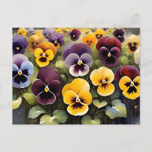 Geel en paarse pansies waterverf schilderij briefkaart (Voorkant)