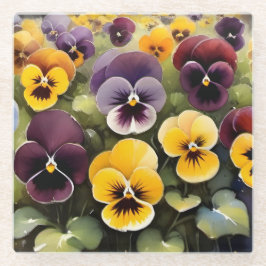 Geel en paarse pansies waterverf schilderij glazen onderzetter