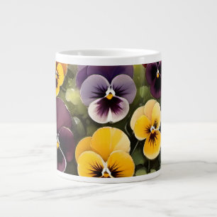 Geel en paarse pansies waterverf schilderij grote koffiekop