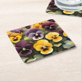 Geel en paarse pansies waterverf schilderij kartonnen onderzetters (Schuin)