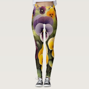 Geel en paarse pansies waterverf schilderij leggings