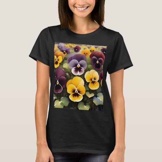 Geel en paarse pansies waterverf schilderij t-shirt (Voorkant)