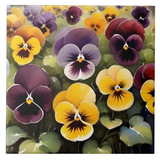 Geel en paarse pansies waterverf schilderij tegeltje (Voorkant)