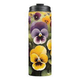 Geel en paarse pansies waterverf schilderij thermosbeker
