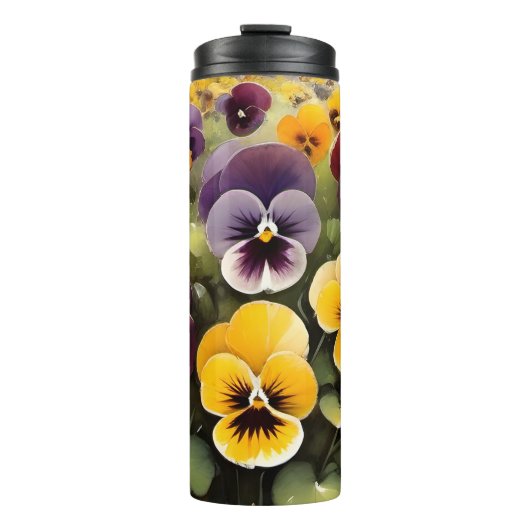Geel en paarse pansies waterverf schilderij thermosbeker (Voorkant)