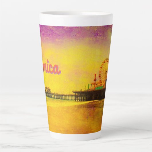 Geel en Paarse Santa Monica Pier Jouw naam Latte Mok (Voorkant)