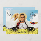 Geel en Paarse Sla de datum op met UW foto Aankondigingskaart (Voorkant / Achterkant)