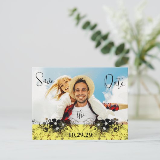 Geel en Paarse Sla de datum op met UW foto Aankondigingskaart (Staand voorkant)