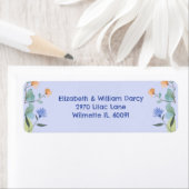 Geel en periwinkle bloemvormig retouradreslabel etiket (Insitu)