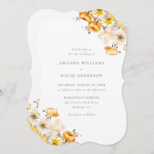 Geel en perzik bloemige bruiloft kaart (Voorkant / Achterkant)
