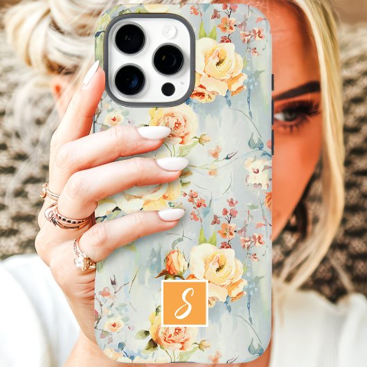 Geel en Perzik Waterverf Bloemenkroon Monogram Case-Mate iPhone Case