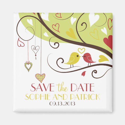Geel en rood Lovebirds Save the Date Magnet (Voorkant)