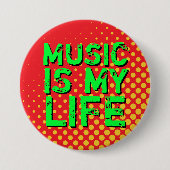 Geel en rood Retro Halftone I Love Music Button (Voorkant)