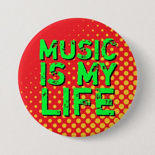Geel en rood Retro Halftone I Love Music Button (Voorkant)