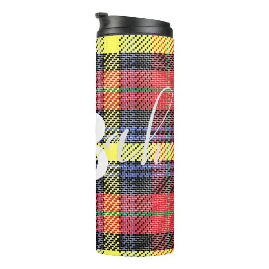 Geel en rood Tartan Gecontroleerde monogram Naam Thermosbeker (Geroteerd rechts)