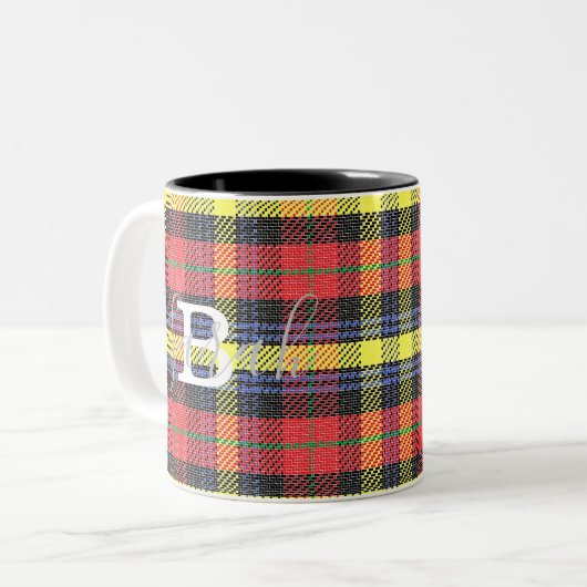 Geel en rood Tartan Gecontroleerde monogram Naam Tweekleurige Koffiemok (Voorkant links)