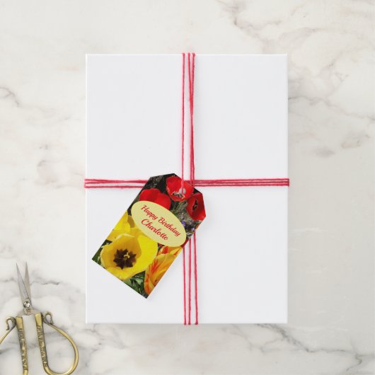 Geel en rood Tulpen, rond Label Cadeaulabel (Met Touw)