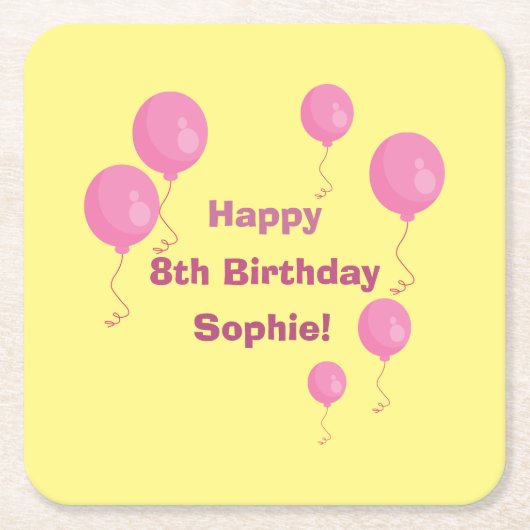Geel en Roze Ballon Meisje Verjaardagspapier Coast Kartonnen Onderzetters (Voorkant)