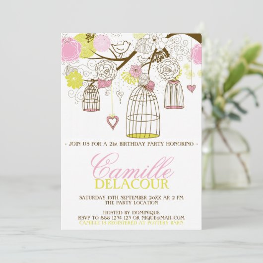 Geel en Roze Birdcages Birthday Uitnodiging (Staand voorkant)
