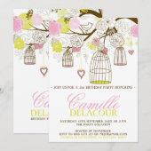 Geel en Roze Birdcages Birthday Uitnodiging (Voorkant / Achterkant)