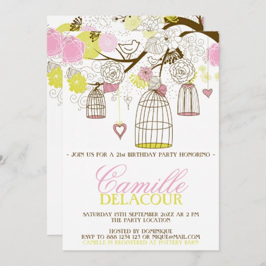 Geel en Roze Birdcages Birthday Uitnodiging (Voorkant / Achterkant)