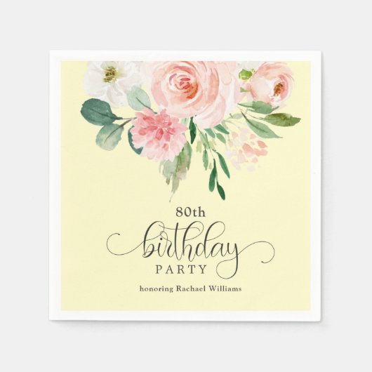 Geel en roze bloemen 80ste verjaardagsfeest servet (Voorkant)