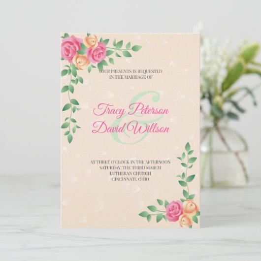 Geel en roze bloemen bruiloft kaart (Staand voorkant)