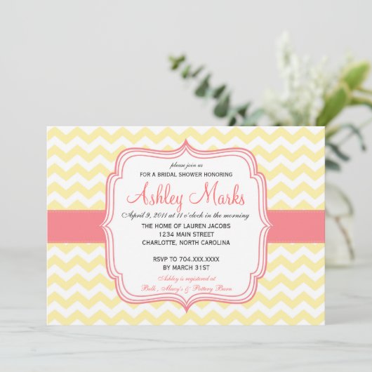 Geel en Roze Chevron Uitnodiging (Staand voorkant)