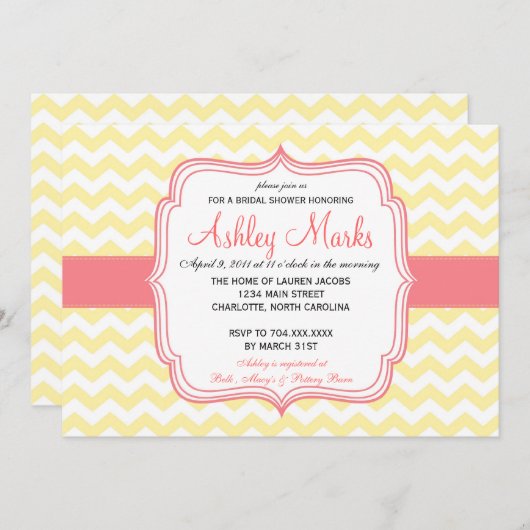 Geel en Roze Chevron Uitnodiging (Voorkant / Achterkant)
