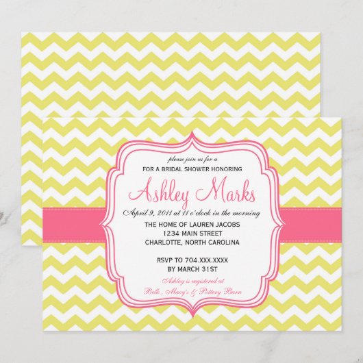 Geel en Roze Chevron Uitnodiging (Voorkant / Achterkant)