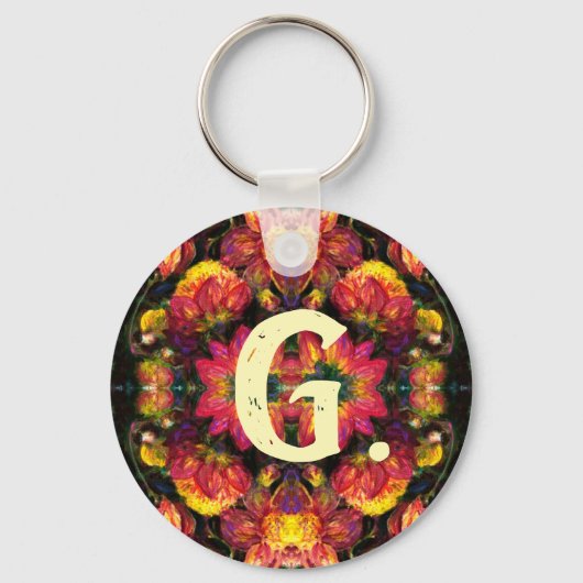 Geel en Roze Dahlias Sleutelhanger met monogram (Voorkant)