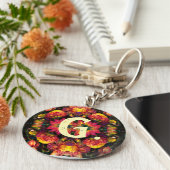 Geel en Roze Dahlias Sleutelhanger met monogram (Zijkant)