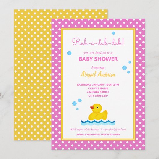 Geel en Roze Duck Polka Dots Baby shower Invita Kaart (Voorkant / Achterkant)