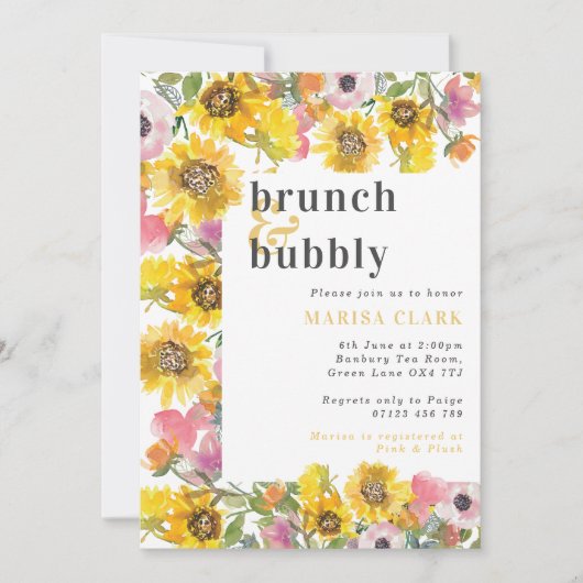 Geel en Roze Floral Brunch en Bubel Vrijgezellenfe Kaart (Voorkant)