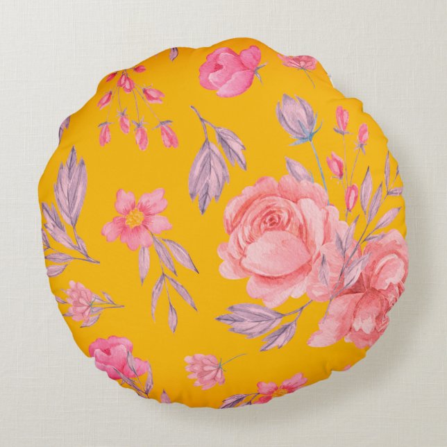 Geel en Roze Floral Print Round Sierkussen Rond Kussen (Achterkant)