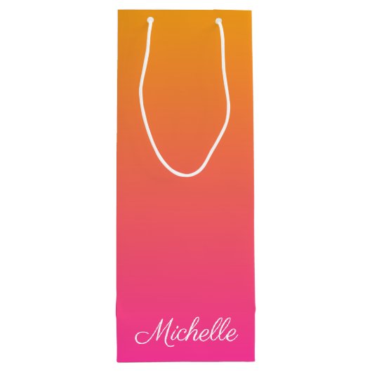 Geel en roze gradiënt ombre wijn cadeautas (Achterkant)