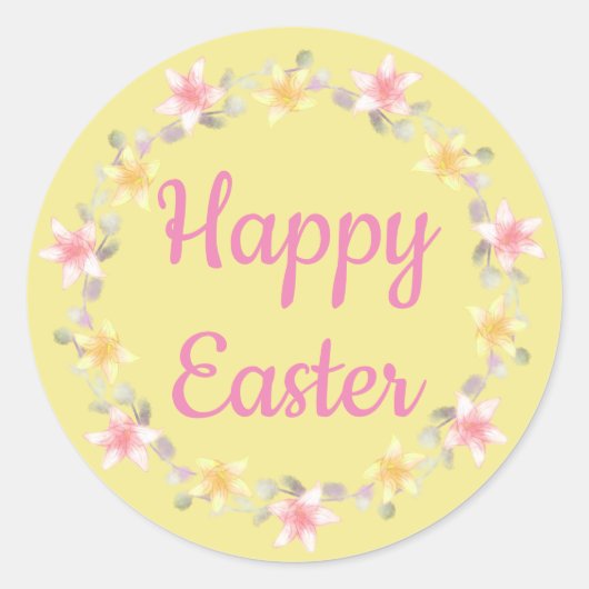 Geel en roze "Happy Easter" bloemenkrans Ronde Sticker (Voorkant)