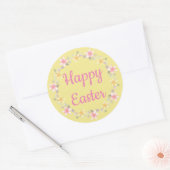 Geel en roze "Happy Easter" bloemenkrans Ronde Sticker (Envelop)