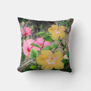 Geel en roze hibiscus-ventilator, duw-kussen. kussen
