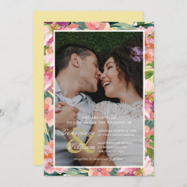 Geel en Roze met Perzik Bloemen Foto Bruiloft Kaart