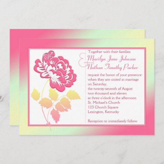 Geel en Roze Pony Linen Wedding Invitation Kaart (Voorkant / Achterkant)