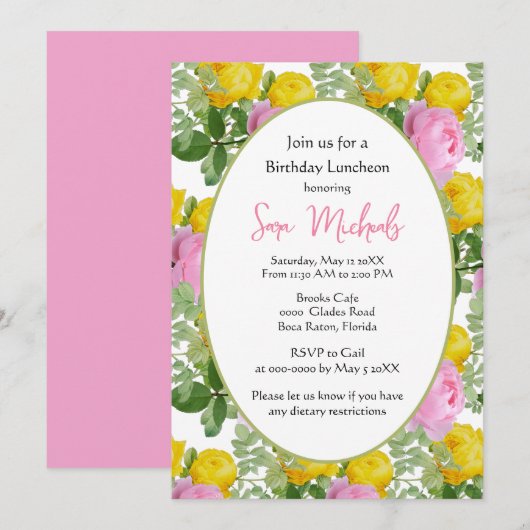 geel en roze rozen Birthday Lunch Kaart (Voorkant / Achterkant)