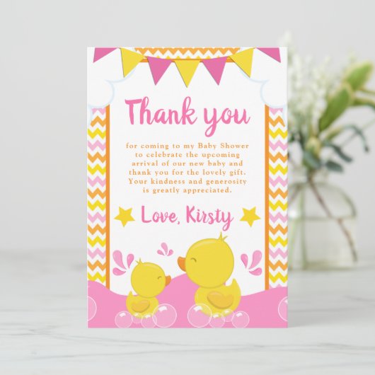 Geel en Roze Rubber Ducky Polka Dot Baby shower Bedankkaart (Staand voorkant)