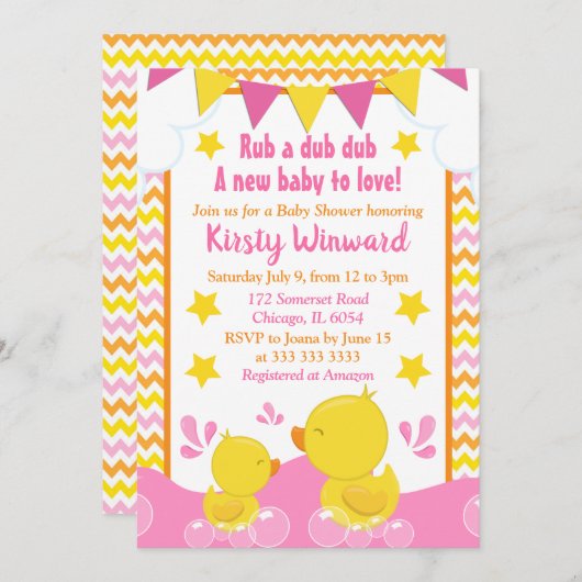 Geel en Roze Rubber Ducky Polka Dot Baby shower Kaart (Voorkant / Achterkant)