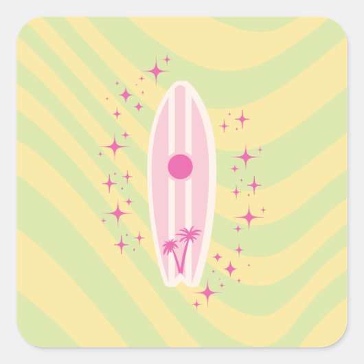 Geel en roze surfplank, Beach Art, Preppy Vierkante Sticker (Voorkant)