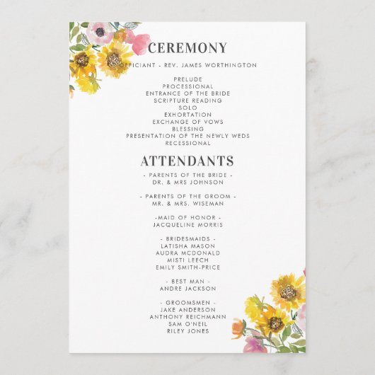 Geel en roze Waterverf Floral Flat Wedding Programmakaart (Achterkant)
