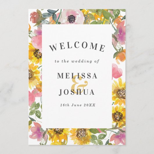 Geel en roze Waterverf Floral Flat Wedding Programmakaart (Voorkant)